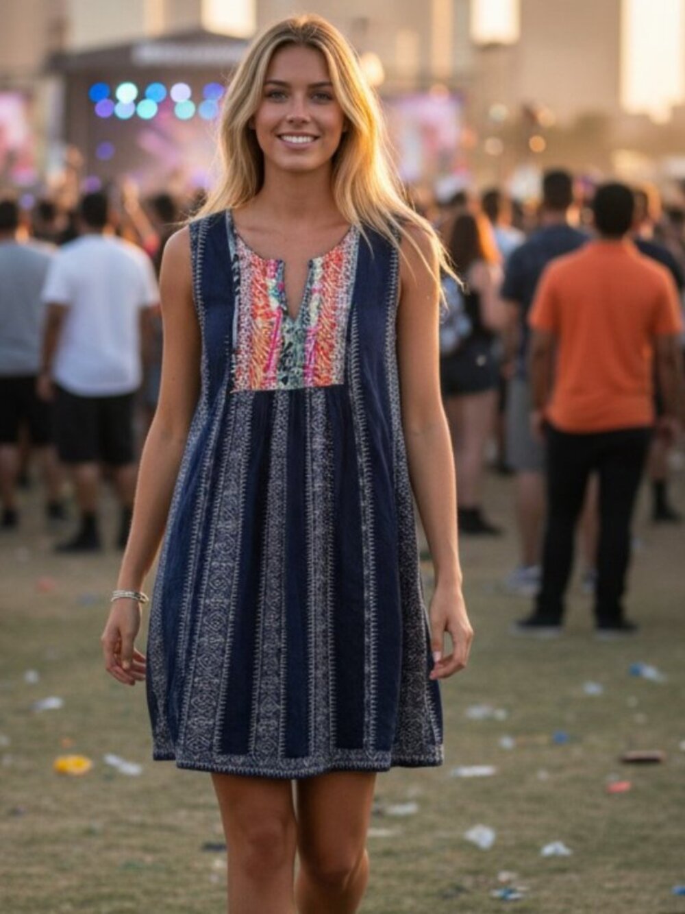 NWT Philosophy Petite Medium PM Blue Embroidered Sleeveless Dress Boho Festival